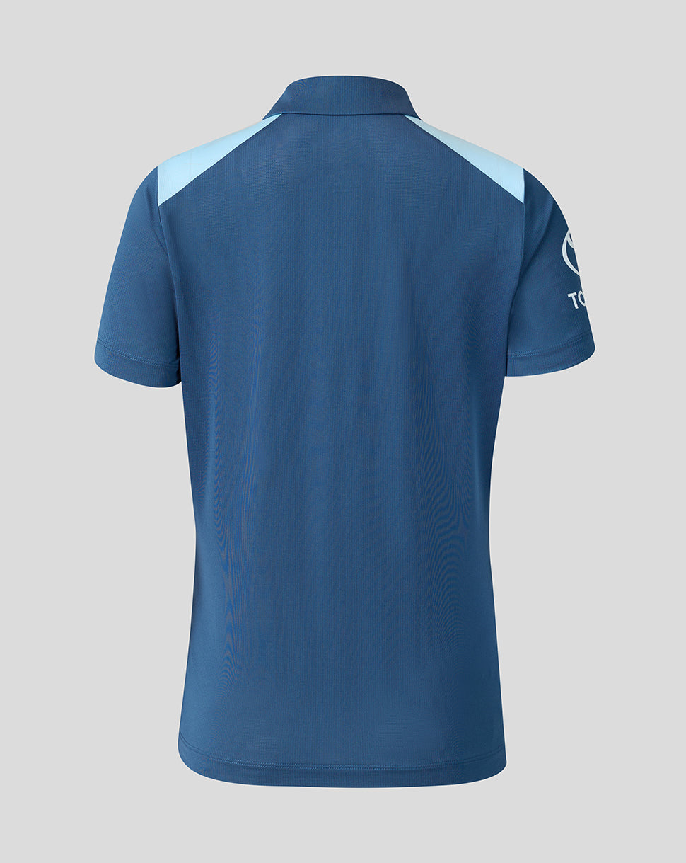 Blue polo shirt with white accents on a gray background