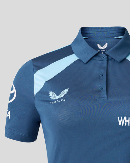 Blue polo shirt with light blue accents and Castore logo on a gray background