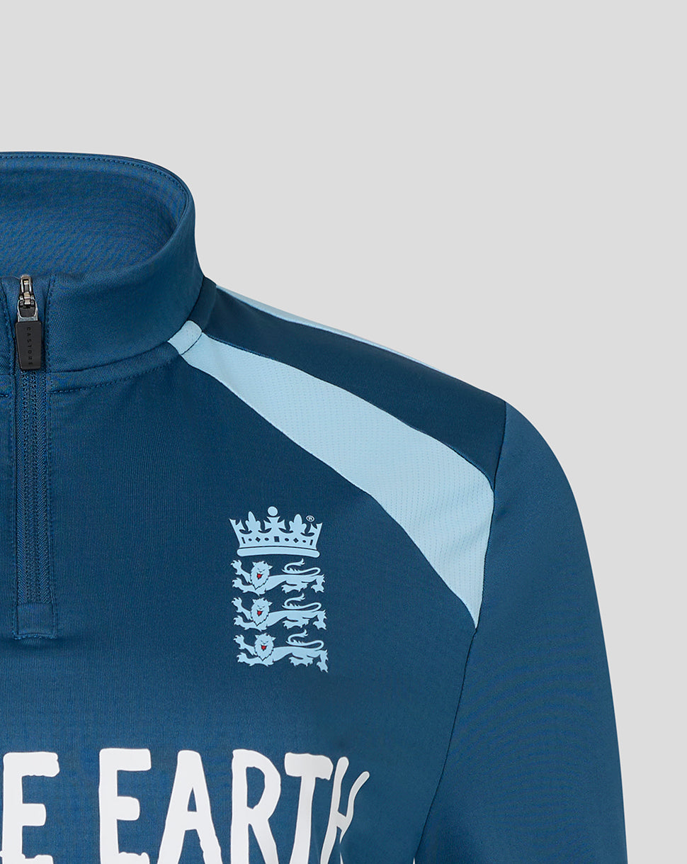 Blue sports jacket with a logo and text on a light gray background