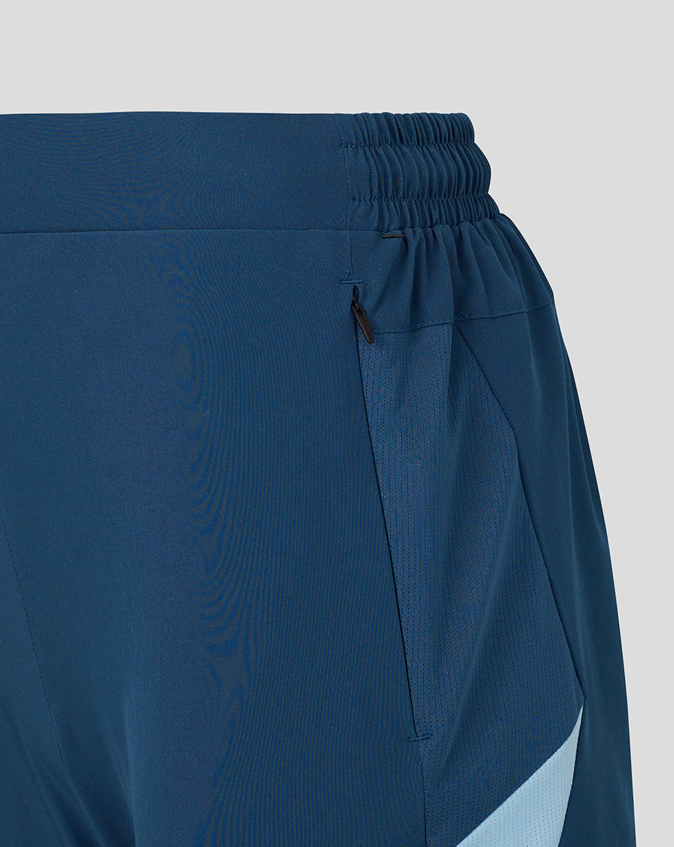 Blue pants with a subtle pattern on a light gray background