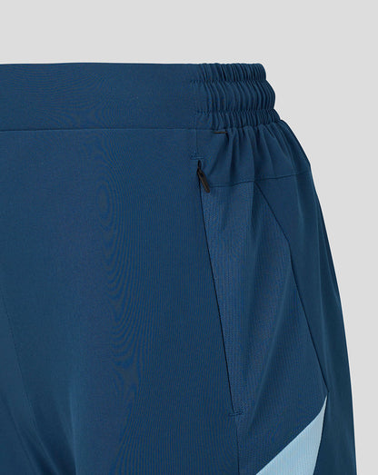 Blue pants with a subtle pattern on a light gray background