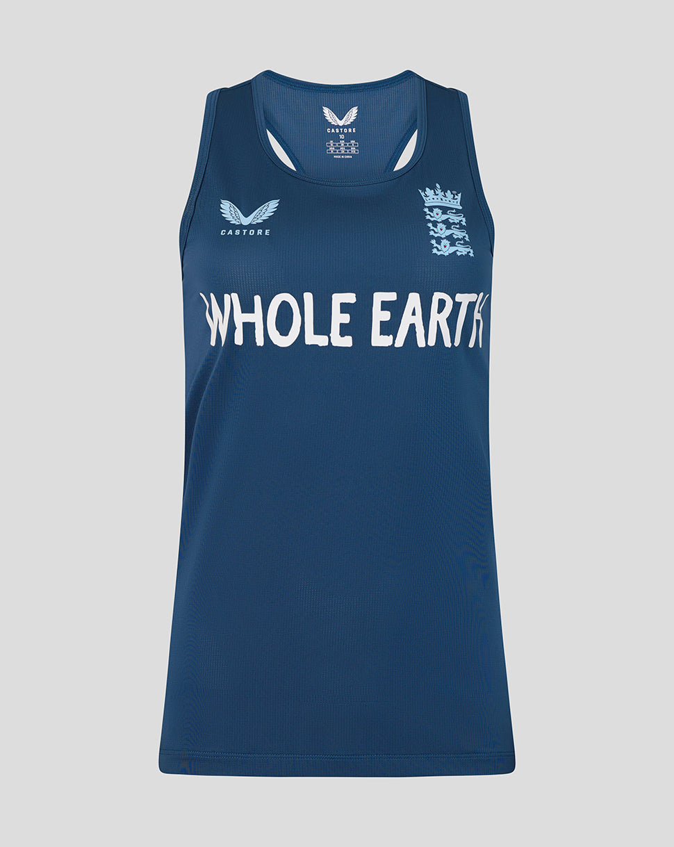 Blue sports vest with 'Whole Earth' text on a gray background