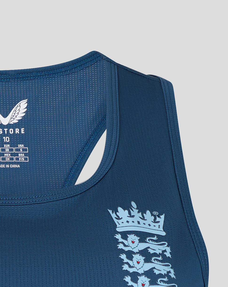 Blue sports vest with a logo on a gray background