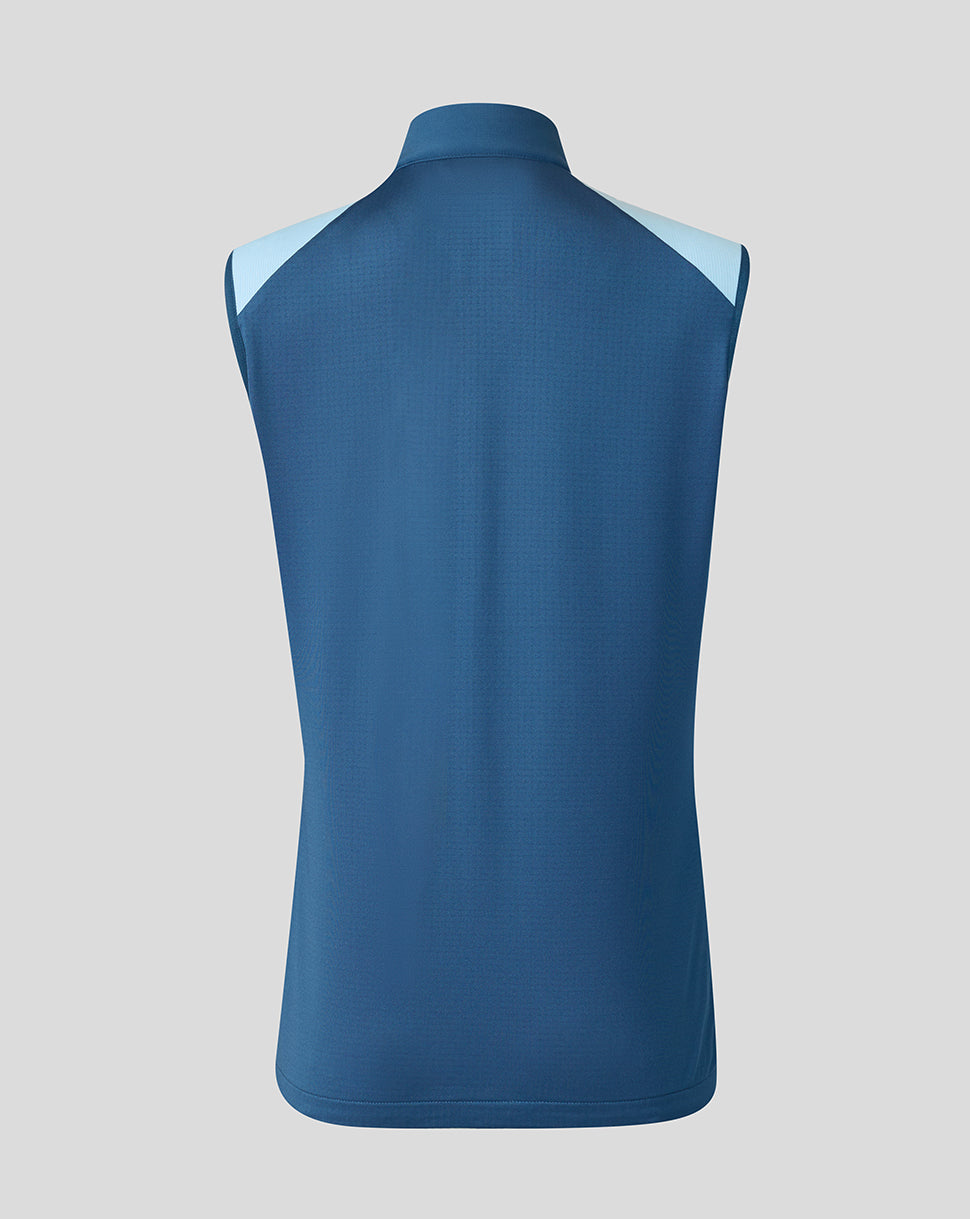 Blue sleeveless shirt with light blue accents on a gray background
