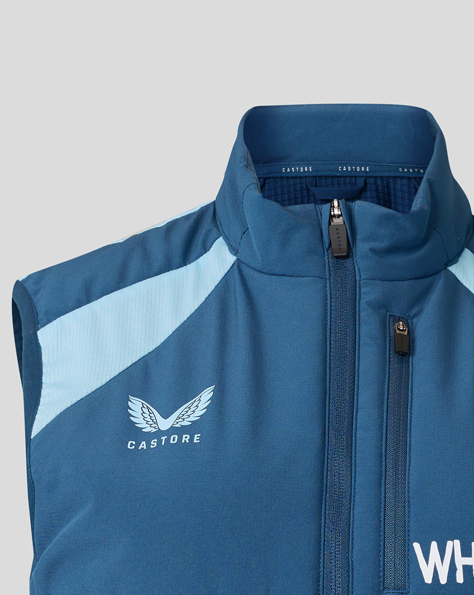 Blue vest with a logo on a gray background