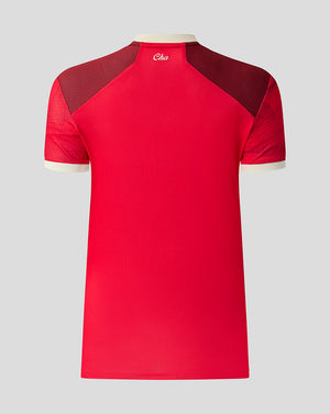 A red short-sleeve athletic jersey with dark red mesh shoulder panels and white sleeve cuffs, shown from the back on a light gray background. The brand name 'Chas' is printed in white near the collar.