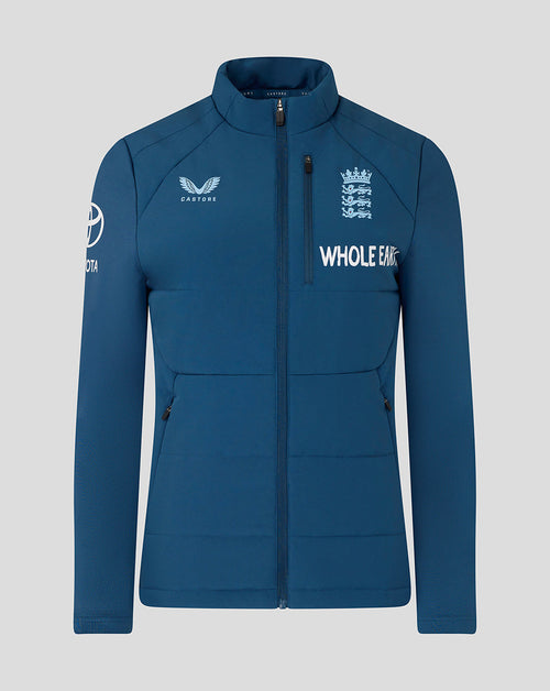 Blue jacket with branding on a gray background