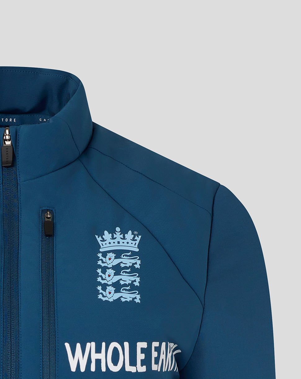 Blue jacket with a logo and text on a light gray background