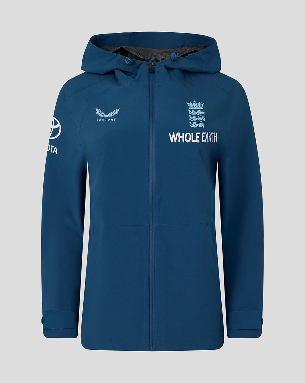 Blue jacket with branding on a light gray background