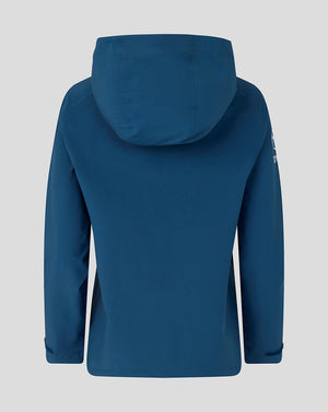 Blue hooded jacket on a light gray background