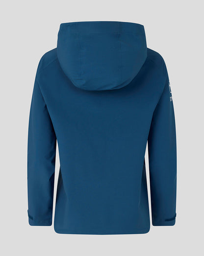 Blue hooded jacket on a light gray background
