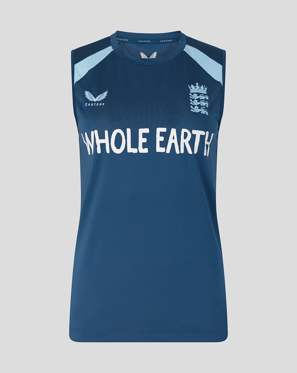 Blue sleeveless sports top with 'Whole Earth' text and logo on a gray background