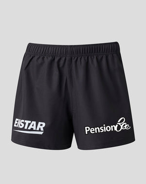 Black athletic shorts with an elastic waistband, featuring the white 'ENSTAR' logo on the left leg and 'Pension Bee' on the right leg, shown against a light gray background.