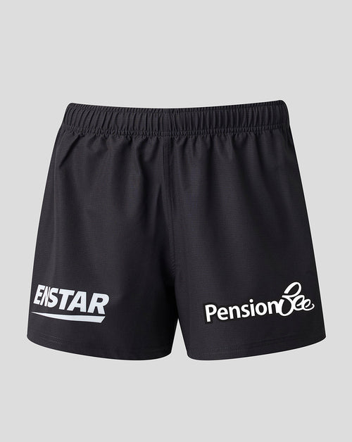 Black athletic shorts with an elastic waistband, featuring the white 'ENSTAR' logo on the left leg and 'Pension Bee' on the right leg, shown against a light gray background.