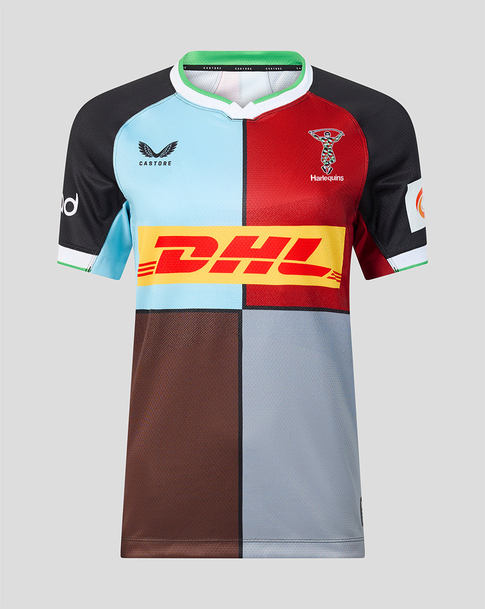 Multicolored sports jersey with various brand logos on a gray background