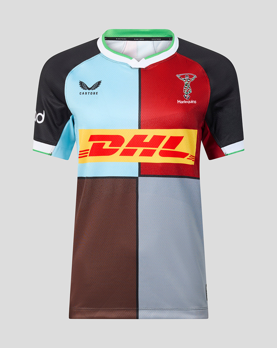 Harlequins 2026/27 Women's Home Pro Shirt front view with bold quartered color blocks and DHL sponsor logo