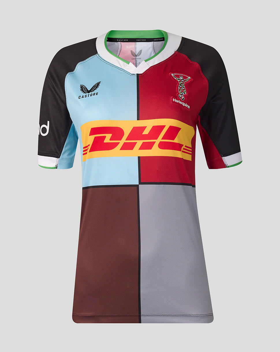 A short-sleeve rugby jersey with a color-blocked design in light blue, red, black, brown, and gray, featuring a large yellow DHL logo across the chest and team crests on the shoulders.