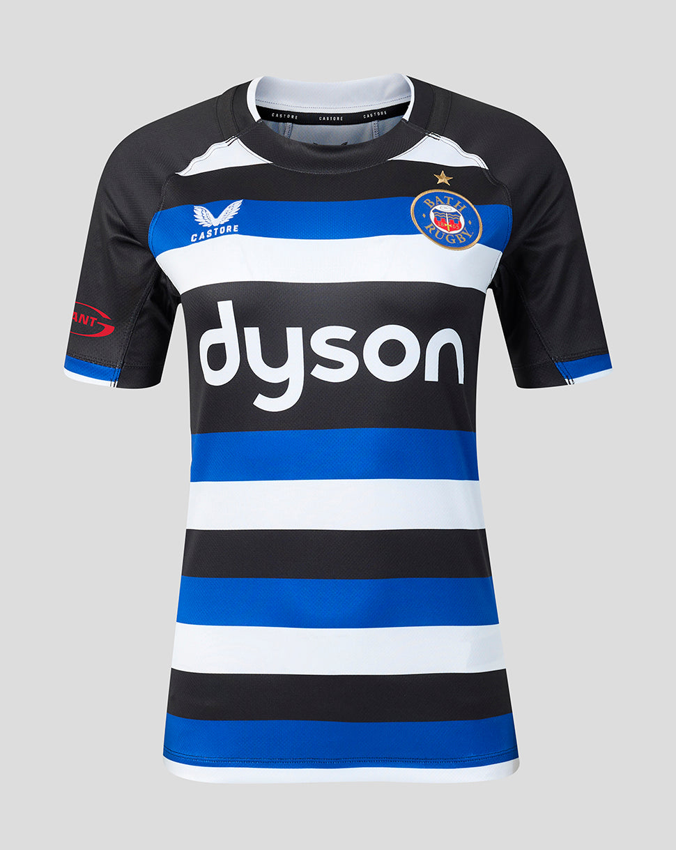 A short-sleeve rugby jersey with horizontal black, blue, and white stripes, featuring the 'dyson' sponsor logo across the chest, the Bath Rugby crest on the left chest, and the Castore logo on the right