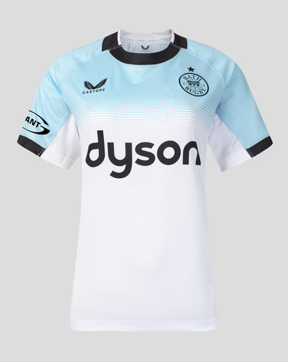 A short-sleeve rugby jersey from Bath Rugby, featuring a white and light blue color-blocked design with black trim, a black Dyson sponsor logo, and the club crest on the chest.