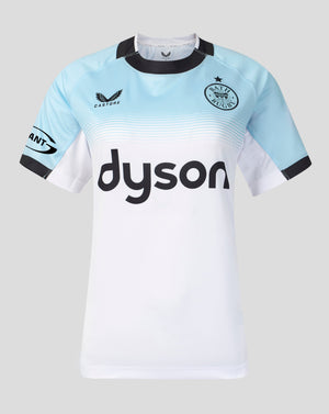A short-sleeve rugby jersey from Bath Rugby, featuring a white and light blue color-blocked design with black trim, a black Dyson sponsor logo, and the club crest on the chest