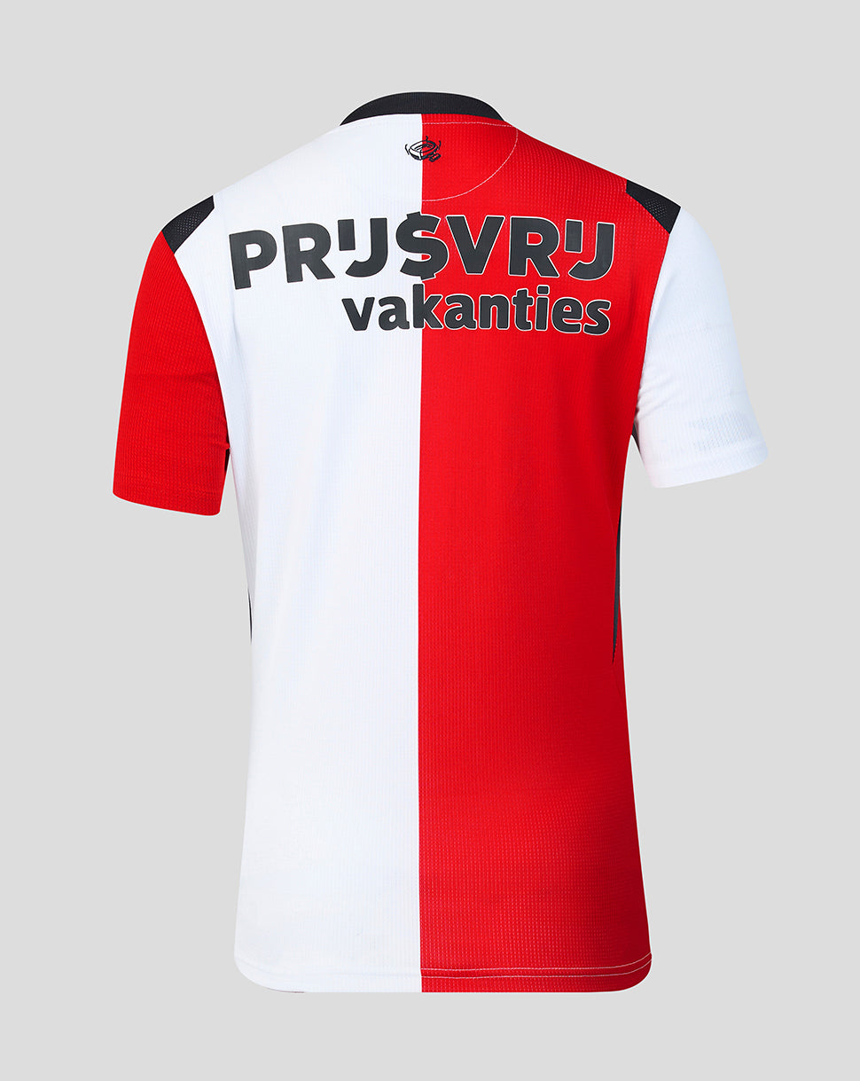 Back view of Feyenoord 2026-2027 home shirt with red white split and bold text across the back.