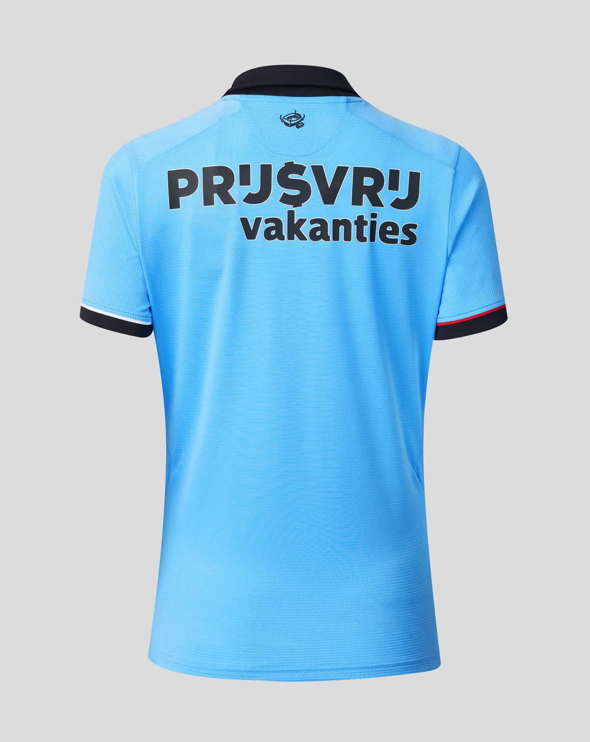 Back view of light blue Feyenoord away shirt with bold upper back graphic and a small crest near the collar.