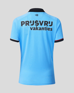 Back view of light blue Feyenoord away shirt with bold upper back graphic and a small crest near the collar.