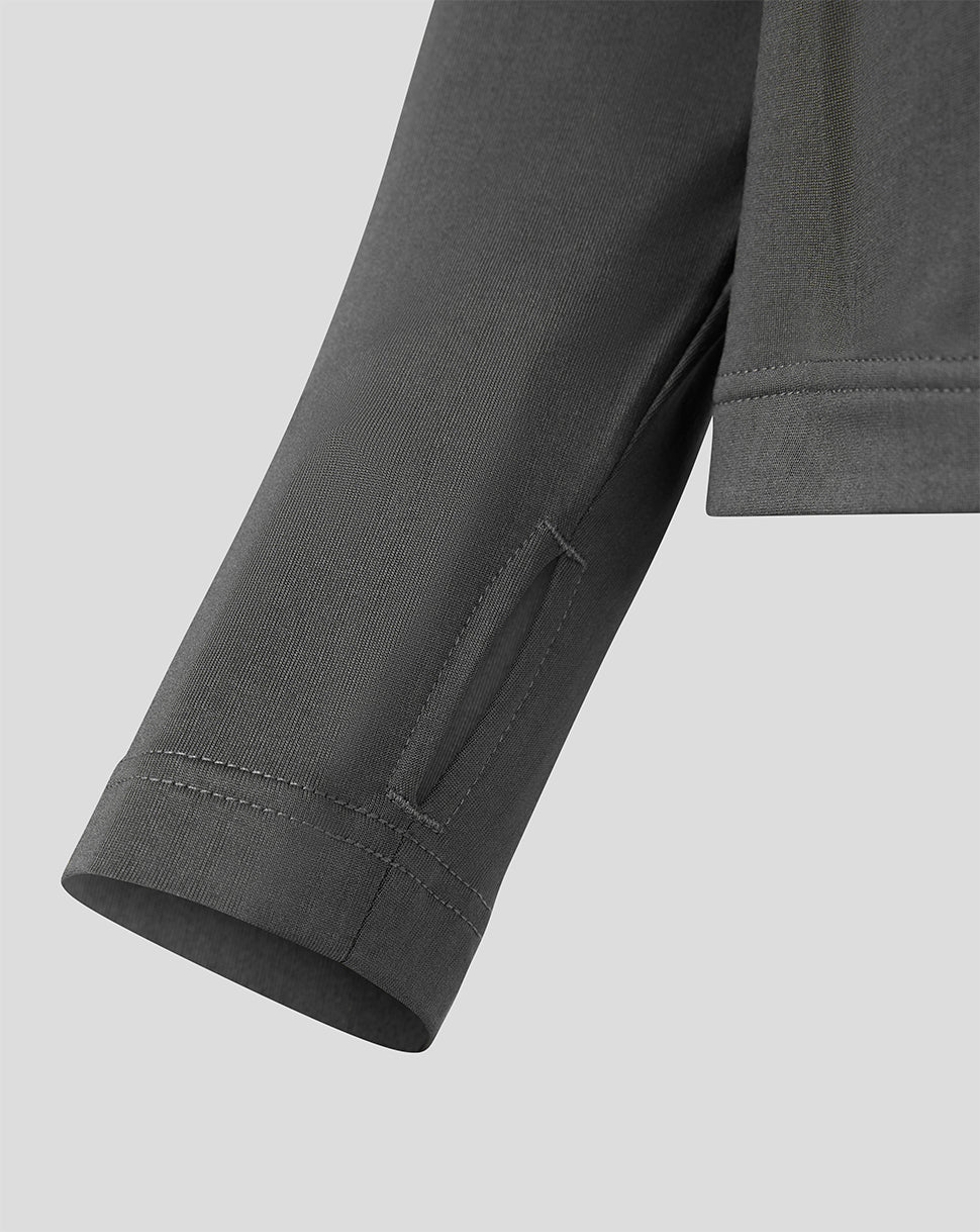 Close-up detail of a dark gray long-sleeve top showing the sleeve cuff with double stitching and a side seam pocket, set against a solid light gray background.