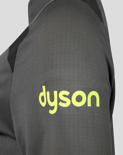 Close-up of a dark gray sweatshirt sleeve featuring a bright neon yellow-green 'dyson' logo printed on the upper arm.