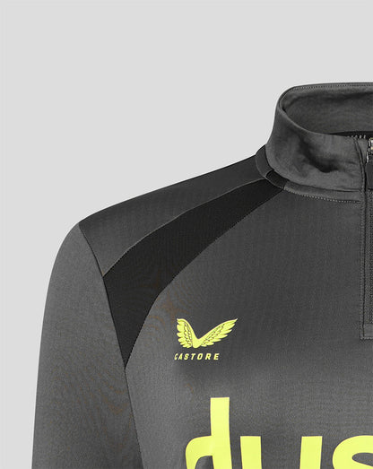 Close-up of a dark gray athletic quarter-zip jacket with a black shoulder panel, featuring a yellow wing logo and the word 'CASTORE' on the chest.