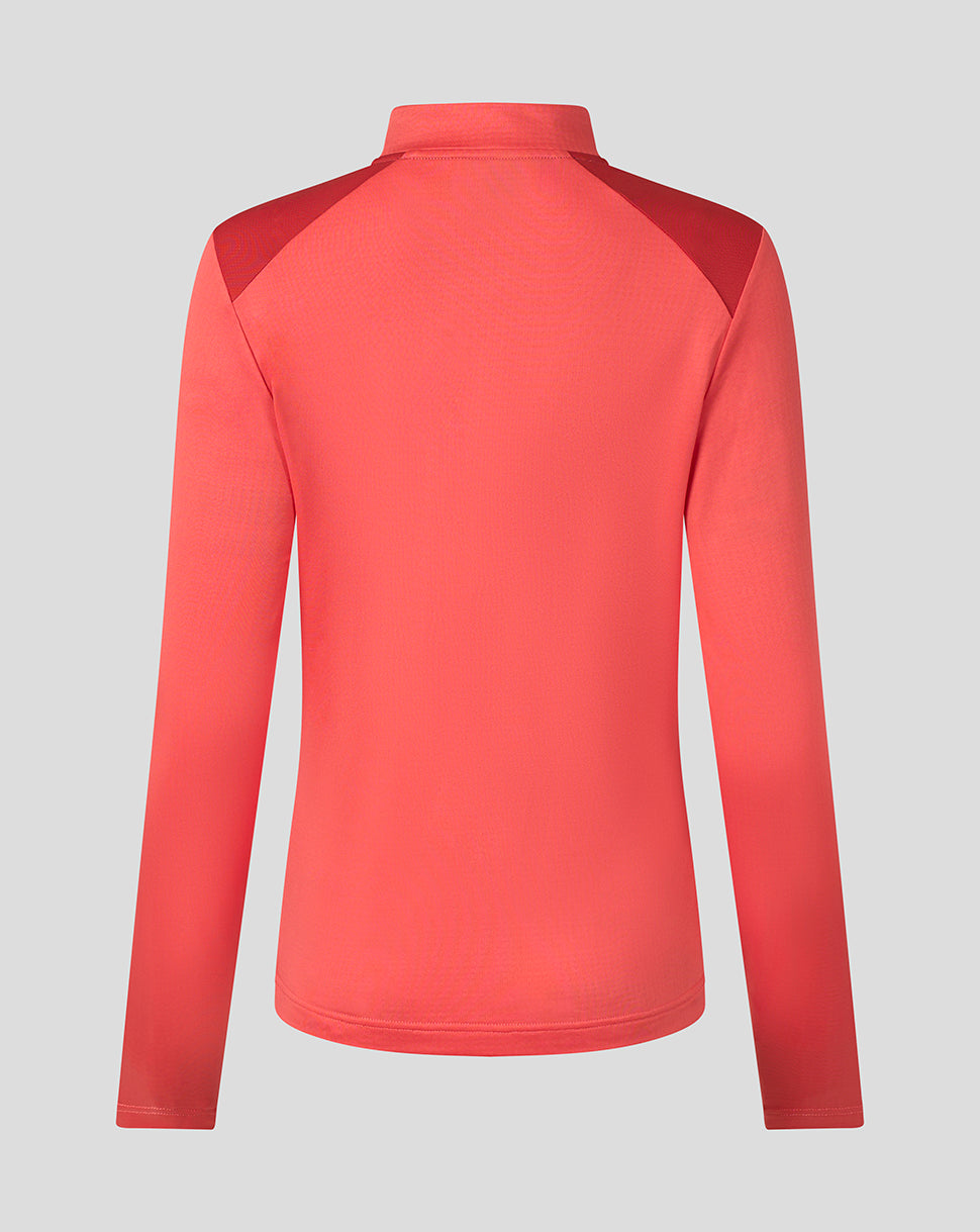 A coral pink long-sleeve athletic top with darker pink shoulder panels, shown from the back on a light gray background.