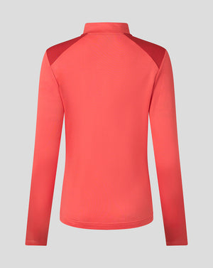 A coral pink long-sleeve athletic top with darker pink shoulder panels, shown from the back on a light gray background.