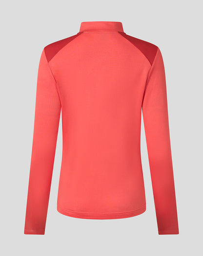 A coral pink long-sleeve athletic top with darker pink shoulder panels, shown from the back on a light gray background.