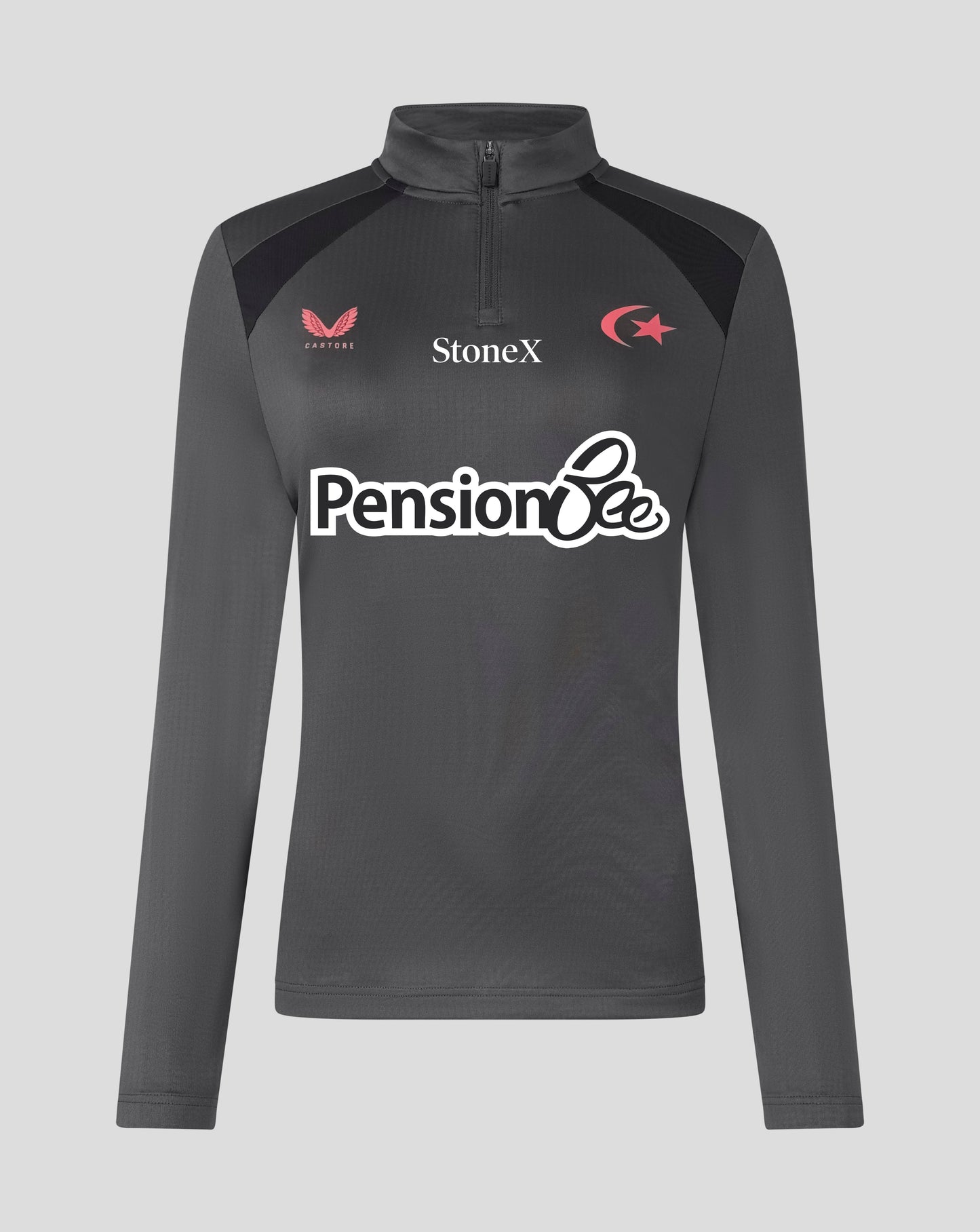A dark gray long-sleeve athletic quarter-zip top with black shoulder panels and multiple sponsor logos, displayed on a neutral gray background.