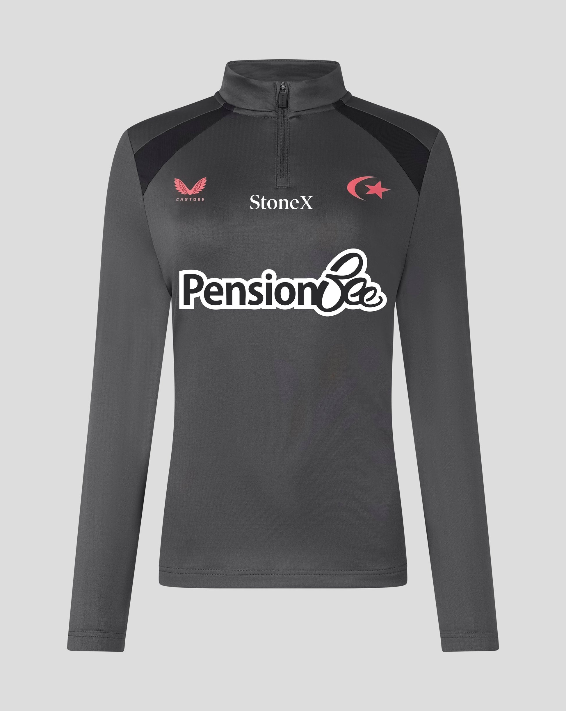 A dark gray long-sleeve athletic quarter-zip top with black shoulder panels and multiple sponsor logos, displayed on a neutral gray background.