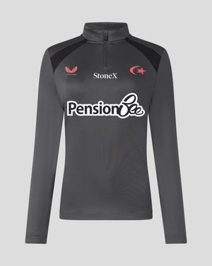 A dark gray long-sleeve athletic quarter-zip top with black shoulder panels and multiple sponsor logos, displayed on a neutral gray background.