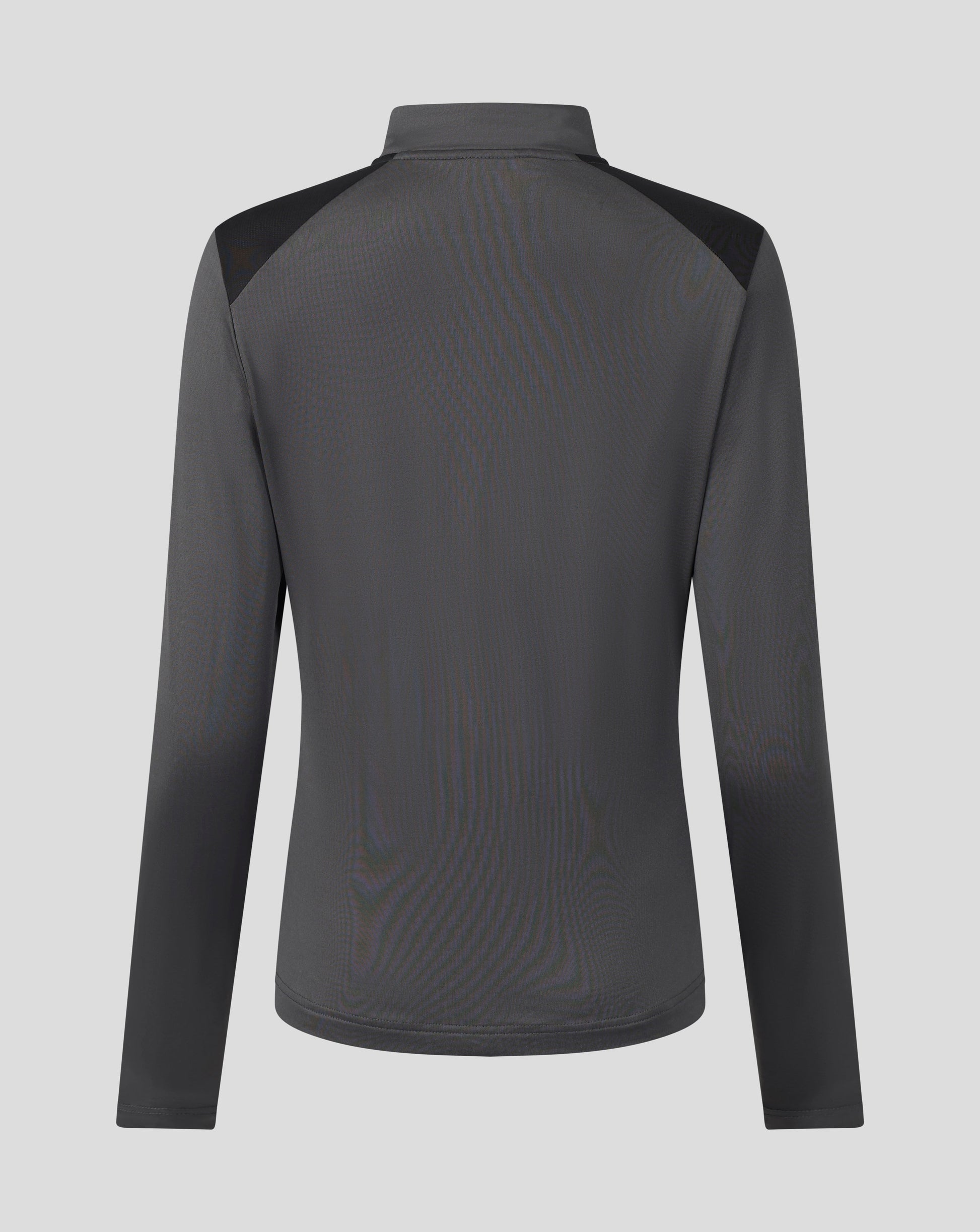 A dark gray long-sleeve athletic top with black shoulder panels, shown from the back on a light gray background.