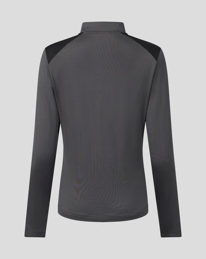 A dark gray long-sleeve athletic top with black shoulder panels, shown from the back on a light gray background.