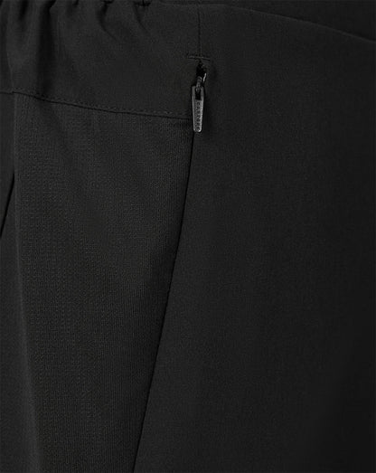 Close-up of black textured fabric with an elastic waistband and a small silver zipper pull.