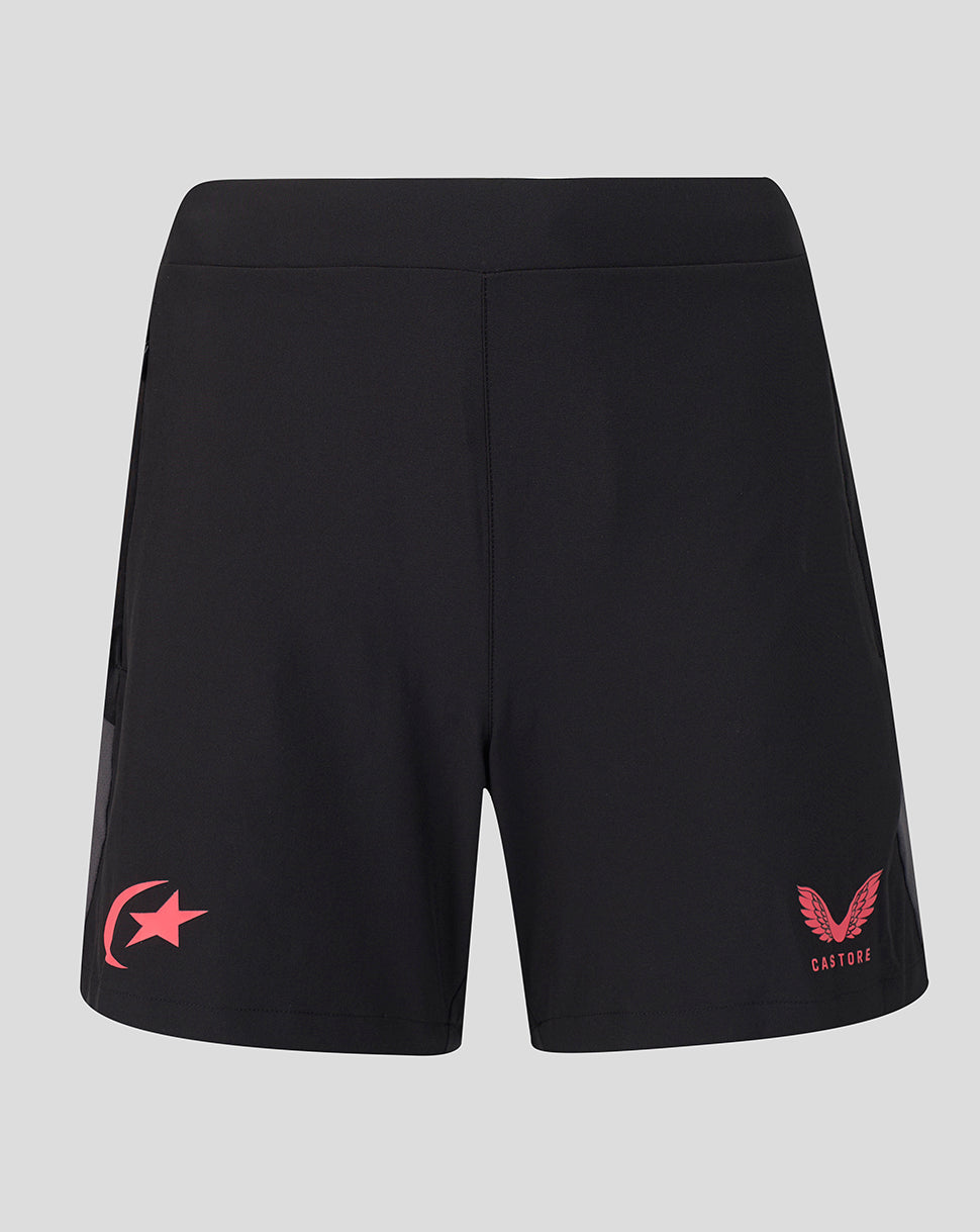 Black athletic shorts with a pink star logo on the left leg and a pink winged logo with 'Castore' text on the right leg, shown against a light gray background.
