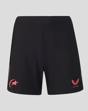 Black athletic shorts with a pink star logo on the left leg and a pink winged logo with 'Castore' text on the right leg, shown against a light gray background.