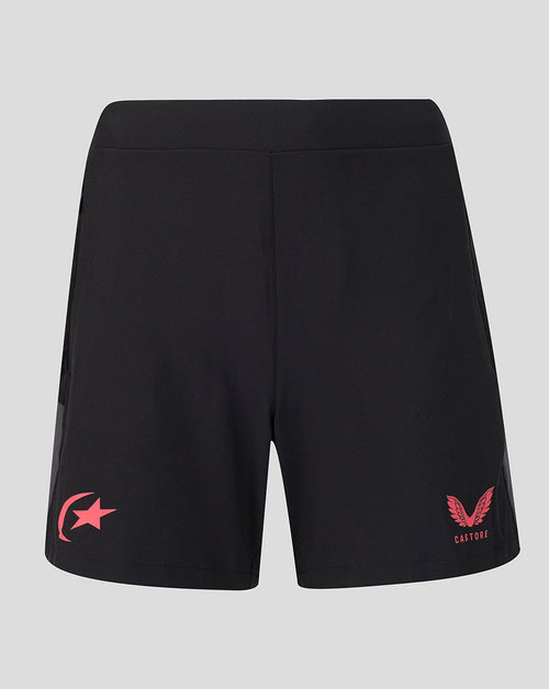 Black athletic shorts with a pink star logo on the left leg and a pink winged logo with 'Castore' text on the right leg, shown against a light gray background.