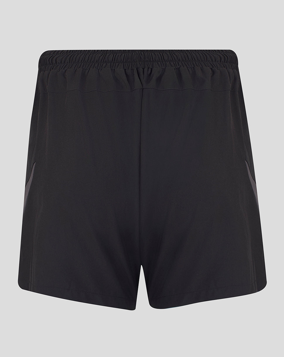 Black athletic shorts with an elastic waistband, shown from the back on a light gray background.
