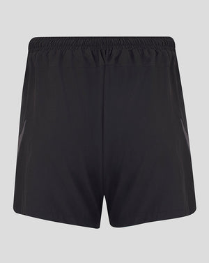 Black athletic shorts with an elastic waistband, shown from the back on a light gray background.