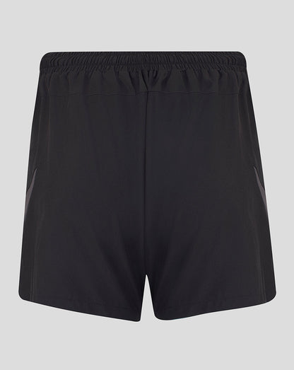 Black athletic shorts with an elastic waistband, shown from the back on a light gray background.