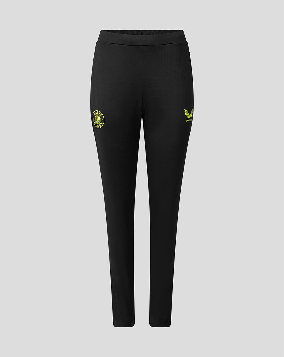 Black athletic pants with a small yellow logo on the left thigh and a larger yellow logo on the right thigh, shown against a light gray background.