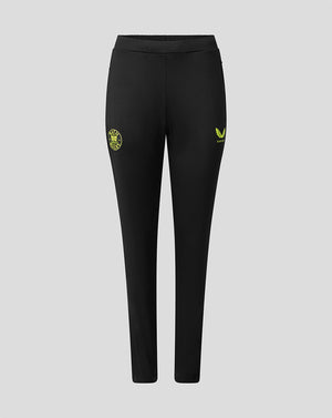 Black athletic pants with a small yellow logo on the left thigh and a larger yellow logo on the right thigh, shown against a light gray background.