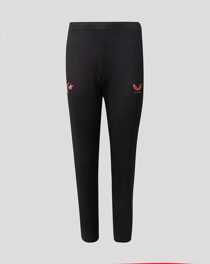 Black athletic leggings with small red logo accents on the left hip and upper thigh, displayed on a neutral light gray background.