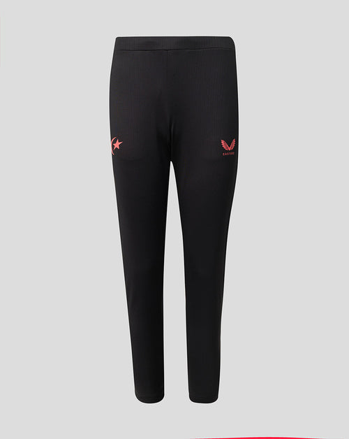 Black athletic leggings with small red logo accents on the left hip and upper thigh, displayed on a neutral light gray background.