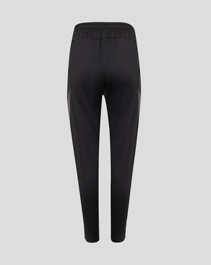 Black athletic pants shown from the back, featuring a gathered elastic waistband and subtle side panel detailing, set against a solid light gray background.